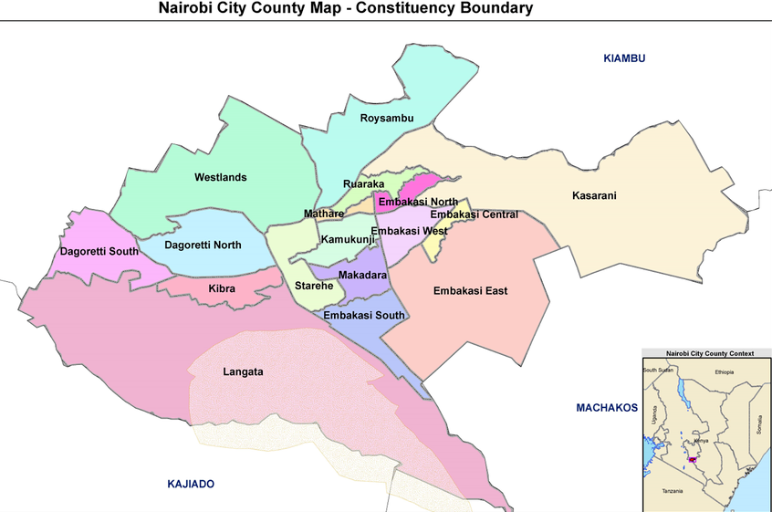 Nairobi City-County map showing constituencies and associated boundaries.

